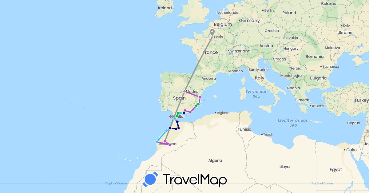 TravelMap itinerary: driving, bus, plane, train, boat in Spain, France, Gibraltar, Morocco (Africa, Europe)